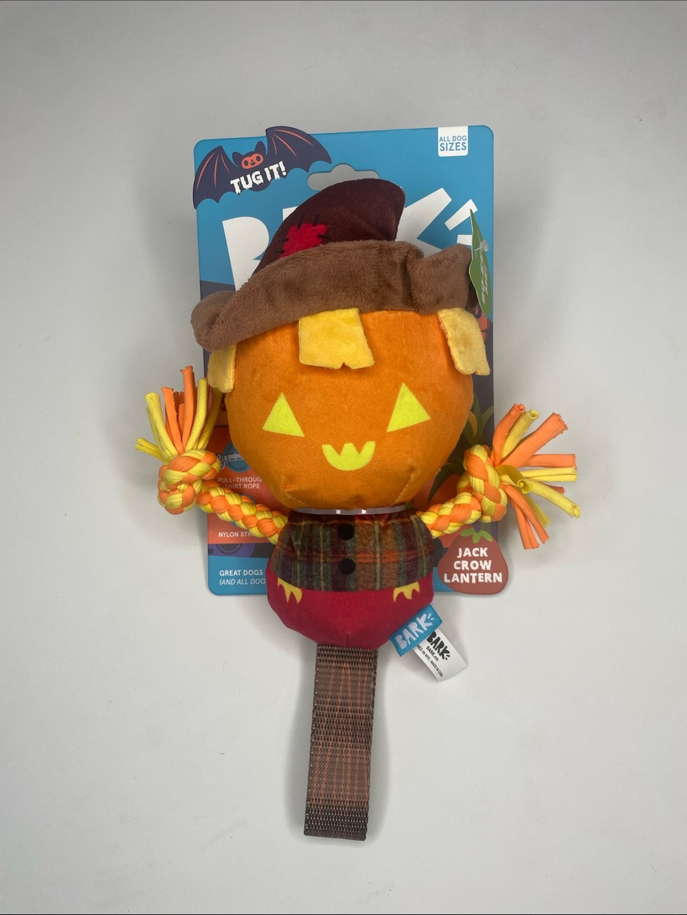 Bark Pumpkin Jack Crow Lantern Plush Dog Toy in Orange, Yellow, Brown
